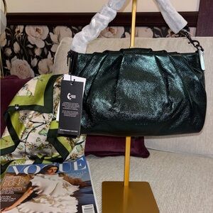 Aimee Kestenberg Chill Out Frame Clutch Metallic Green Leather Chain NWT
